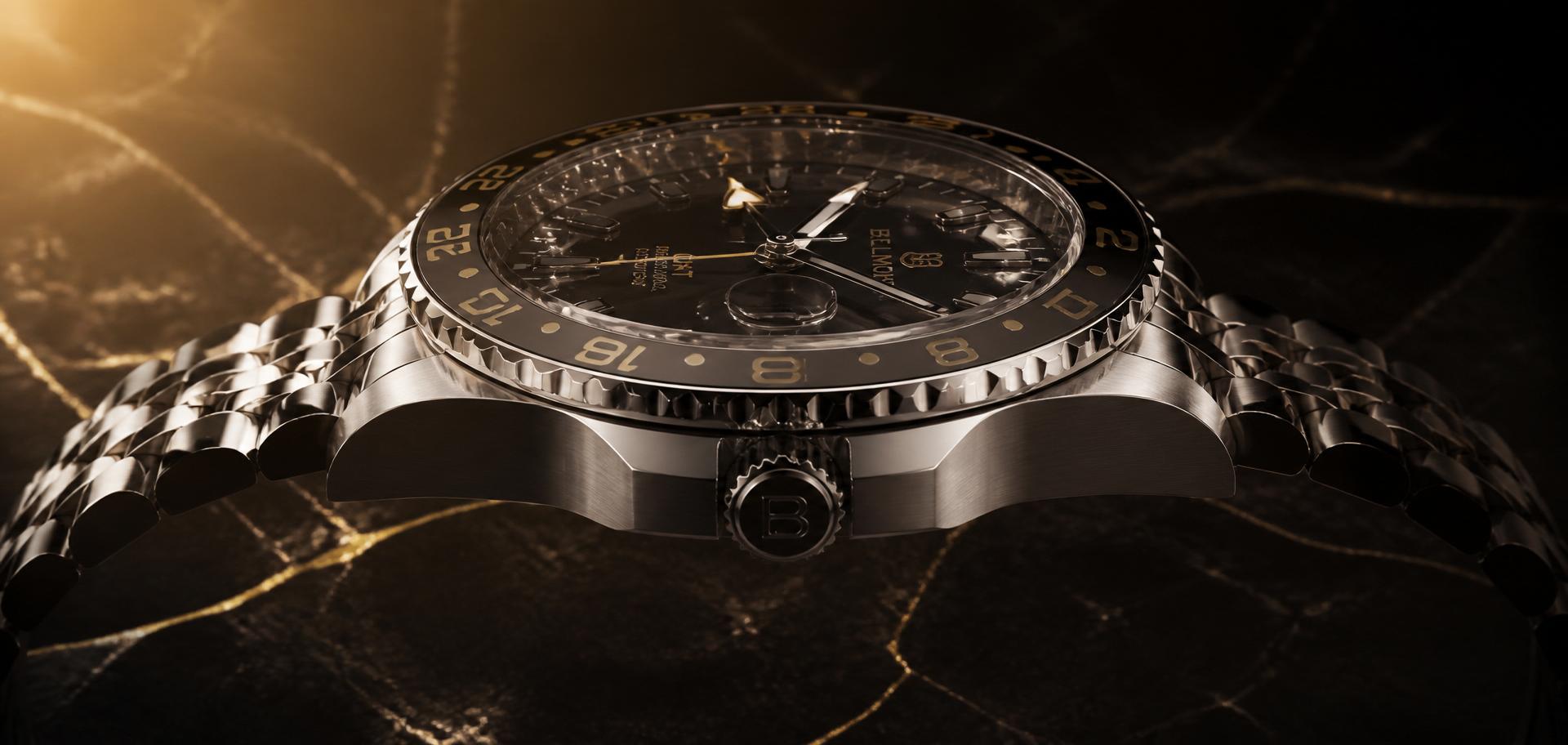 Bellmont GMT — case profile on marble